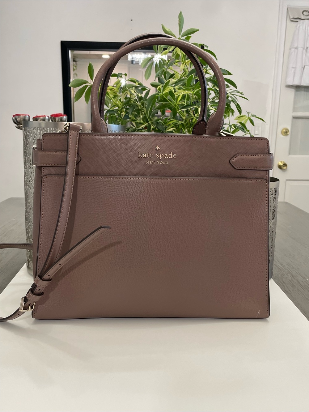 kate spade Mauve Leather Structured Satchel with Detachable Strap